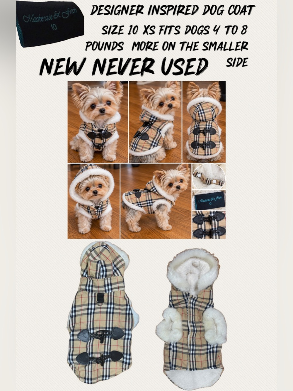 Designer-Inspired Plaid Sherpa Dog Coat with Hood - Beige Plaid never used